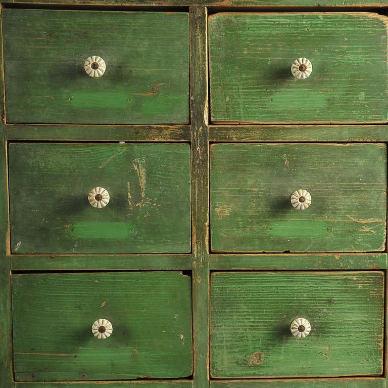 Antique Original Painted Green Bookshelf with Many Drawers, circa 1880 2