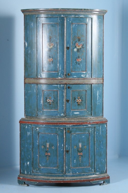 Original Blue Painted Swedish Corner Cupboard