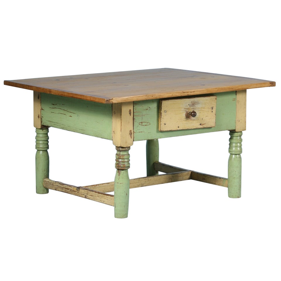 Antique Original Painted Light Green Coffee Table with Pine Top