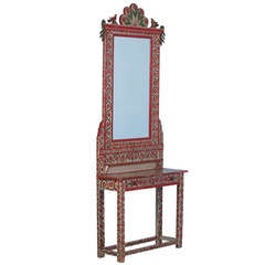 Antique Red and White Painted Romanian Hall Mirror, Perfect for Entryway