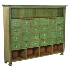 Antique Original Painted Green Bookshelf with Many Drawers, circa 1880