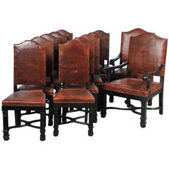 Antique Set of 12 Leather Dining Room Chairs