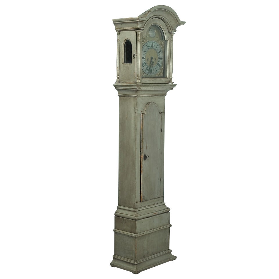 Antique Danish Grey Painted Grandfather Clock, circa 1820