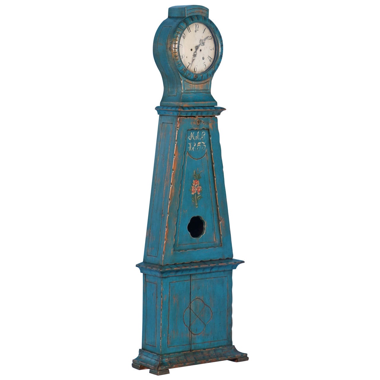 Original Blue Painted Swedish Mora Grandfather Clock, circa 1853