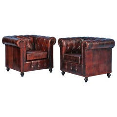 Pair of Vintage Leather Chesterfield Chairs, England, circa 1920-1940