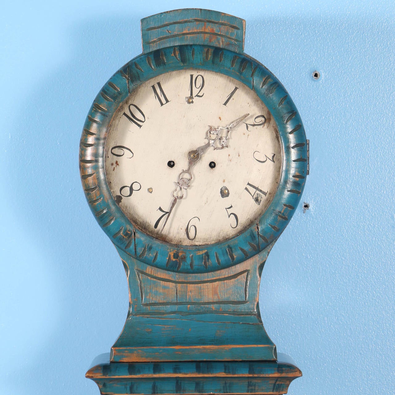 Mid-19th Century Original Blue Painted Swedish Mora Grandfather Clock, circa 1853