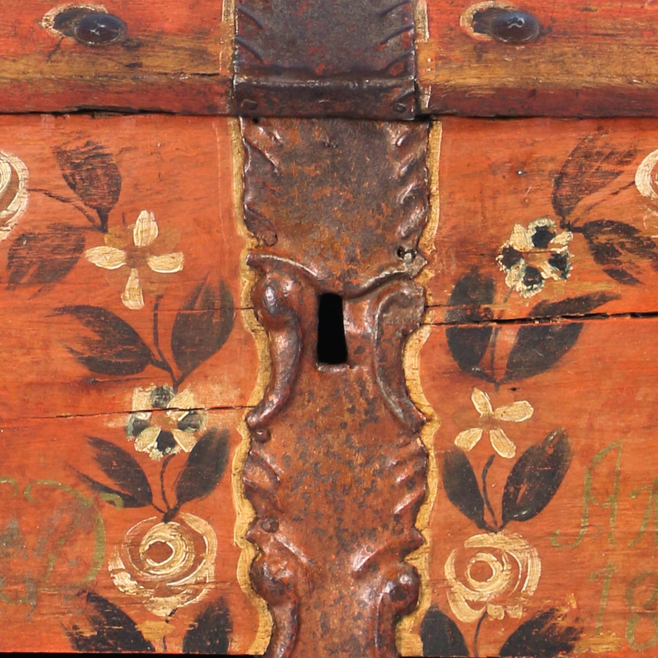 Antique Original Painted Red/Orange Trunk with Wrought Iron, Sweden Dated 1815 1
