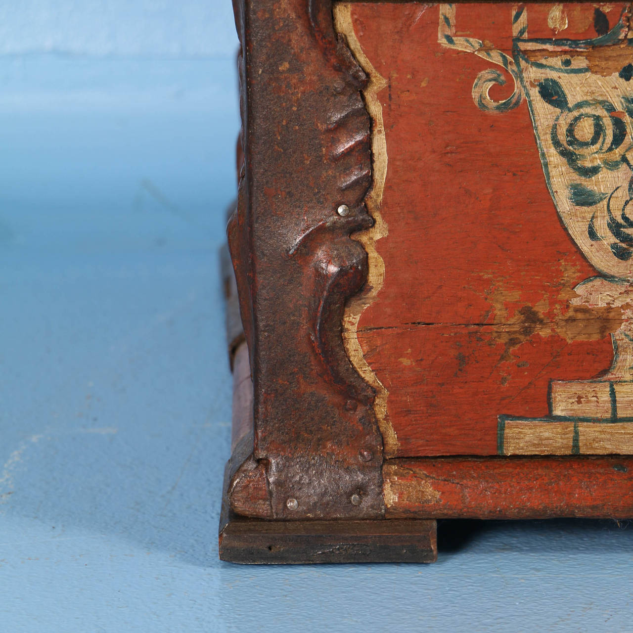 Antique Original Painted Red/Orange Trunk with Wrought Iron, Sweden Dated 1815 2