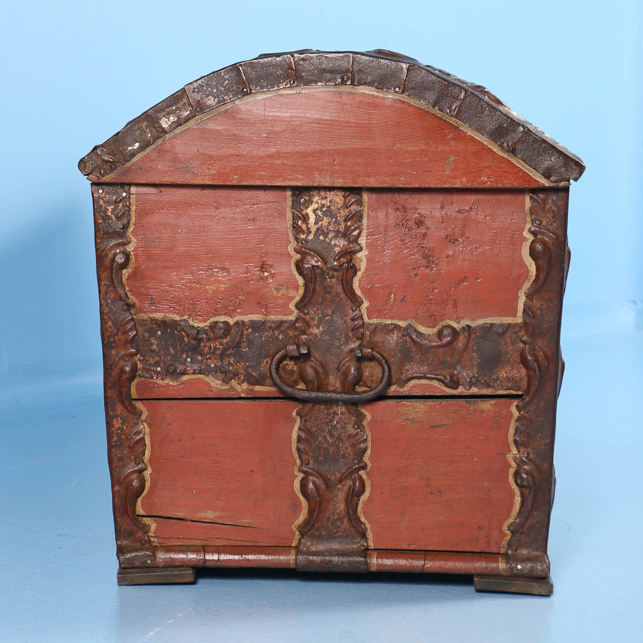 Early 19th Century Antique Original Painted Red/Orange Trunk with Wrought Iron, Sweden Dated 1815