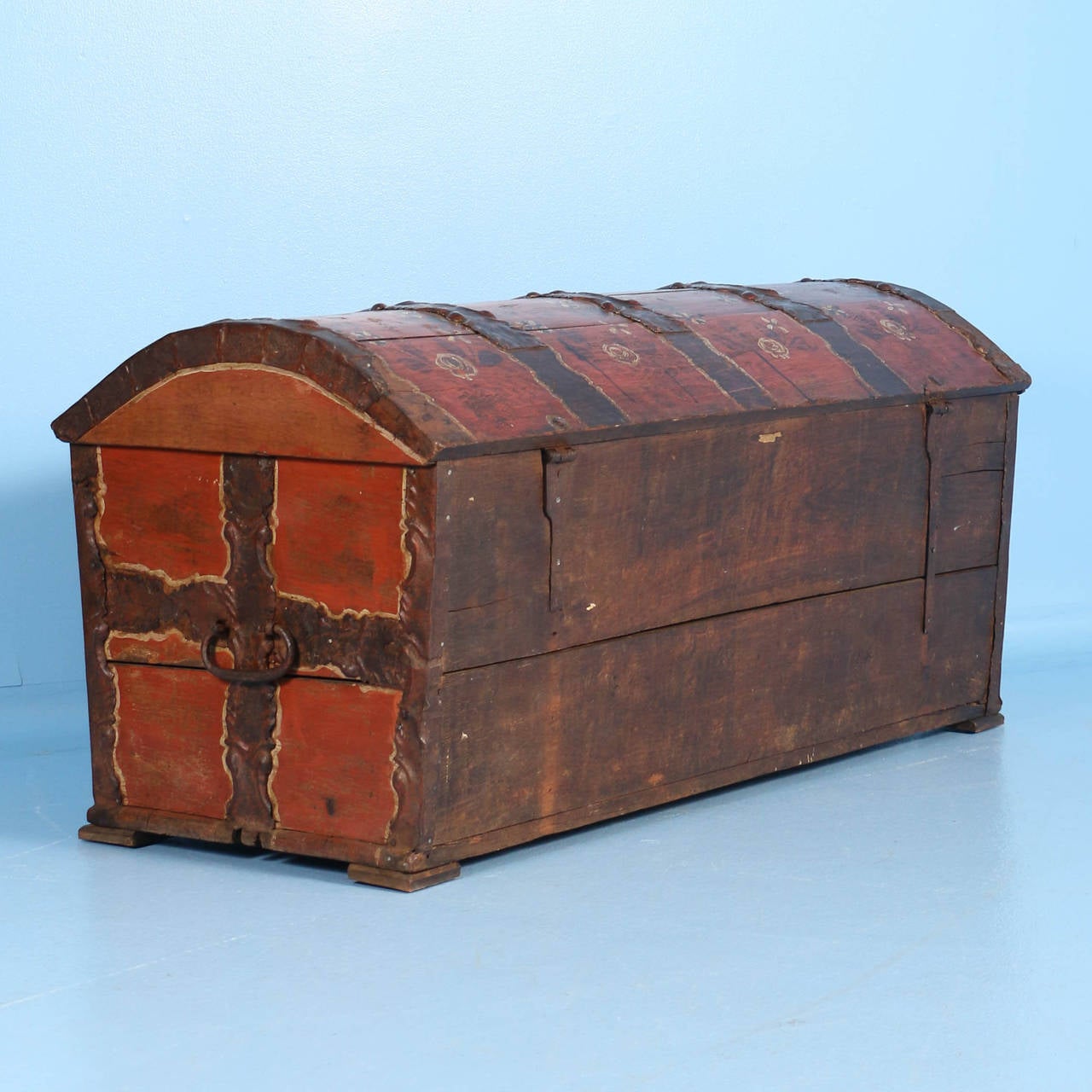 Swedish Antique Original Painted Red/Orange Trunk with Wrought Iron, Sweden Dated 1815
