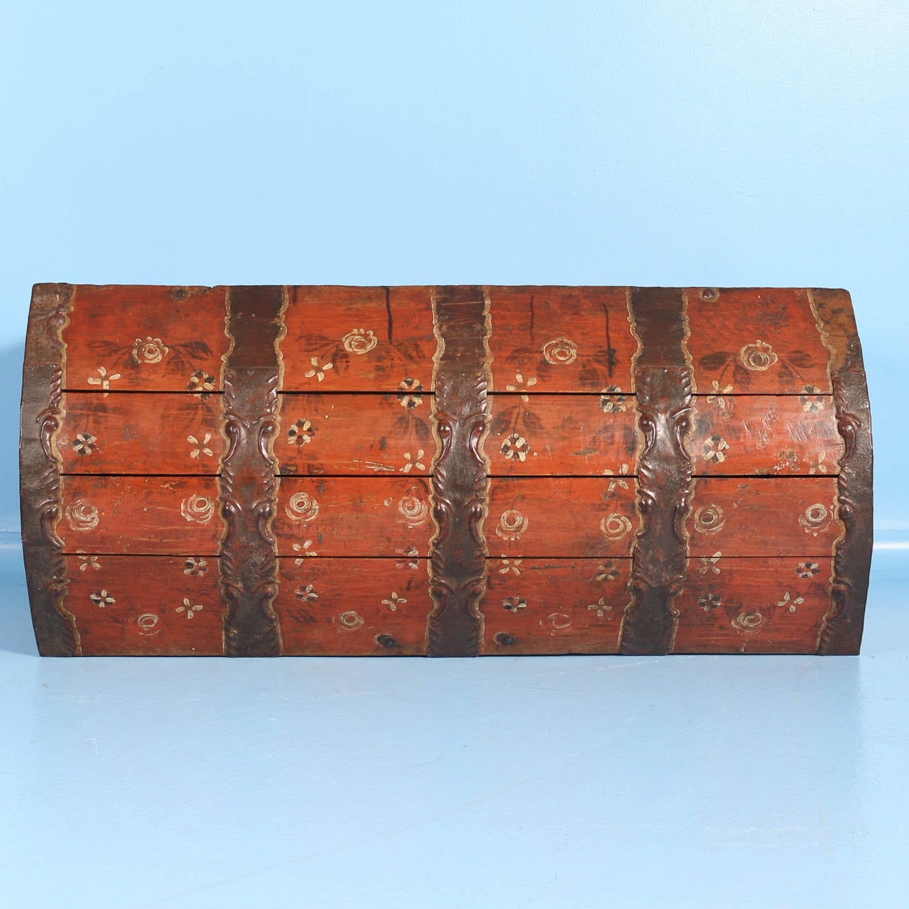 Antique Original Painted Red/Orange Trunk with Wrought Iron, Sweden Dated 1815 In Good Condition In Round Top, TX