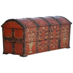 Antique Original Painted Red/Orange Trunk with Wrought Iron, Sweden Dated 1815