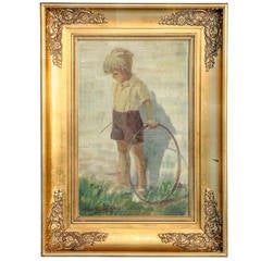 Boy with Hoop, Framed Original Oil on Canvas Signed Asger Riber