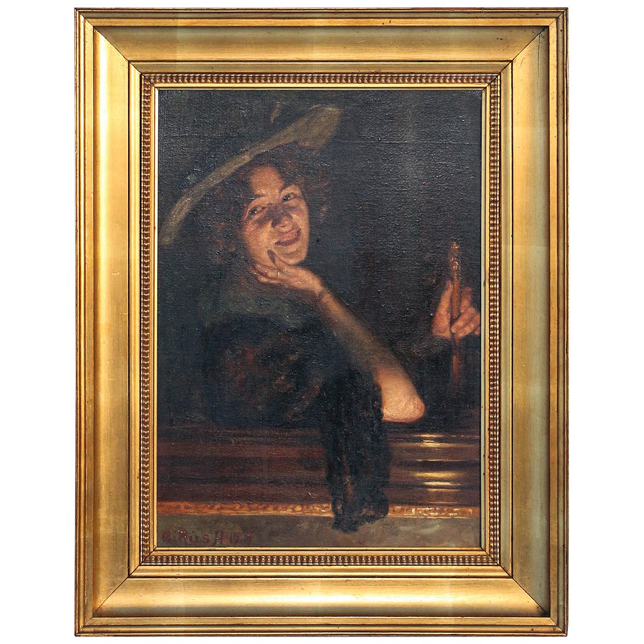 Portrait of Smiling Woman, Original Oil on Canvas Laid on Board, Signed