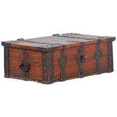 Small Antique Oak Money Chest Trunk with Wrought Iron Details, circa 1700