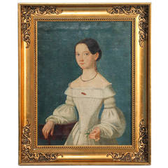 Antique, Framed Original Oil on Canvas Portrait of Young Woman circa 1800