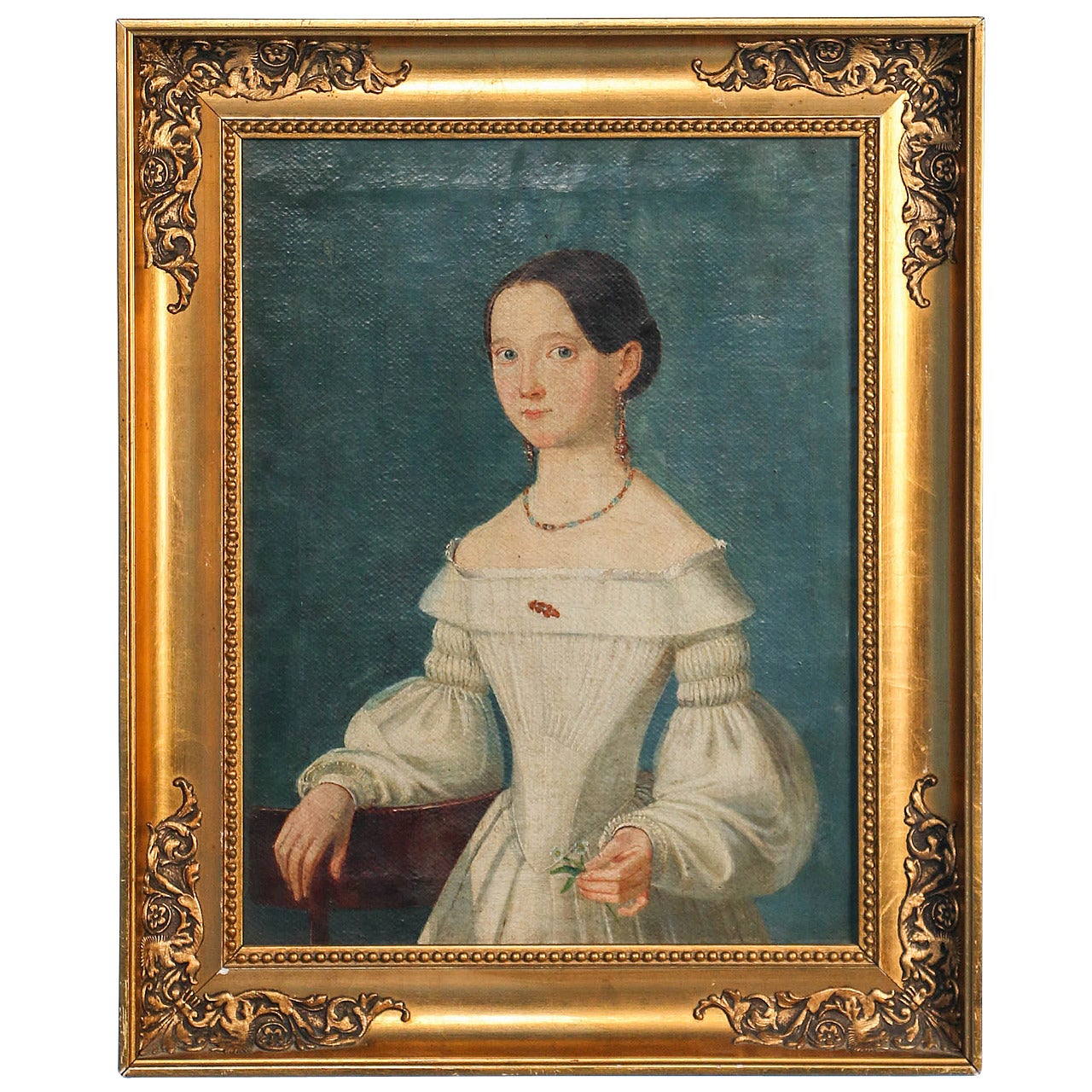 Antique, Framed Original Oil on Canvas Portrait of Young Woman circa 1800