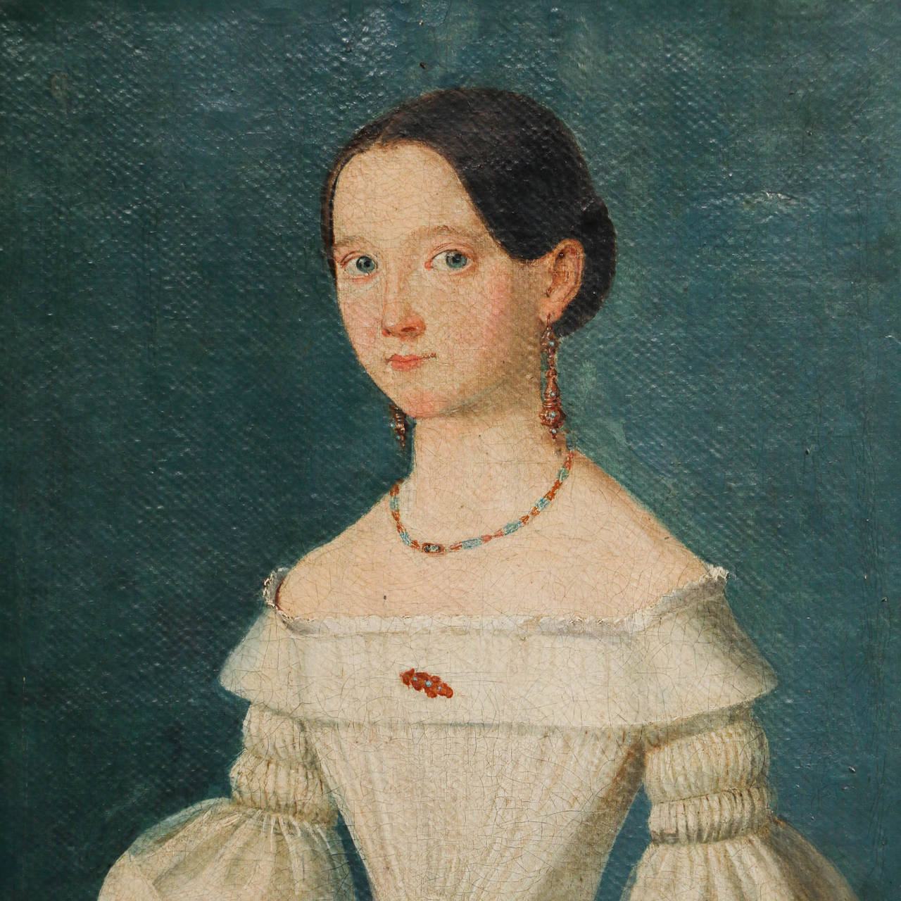 Classic painting/portrait, oil on canvas, young woman in white dress with flower in one hand.Unknown artist, unsigned.