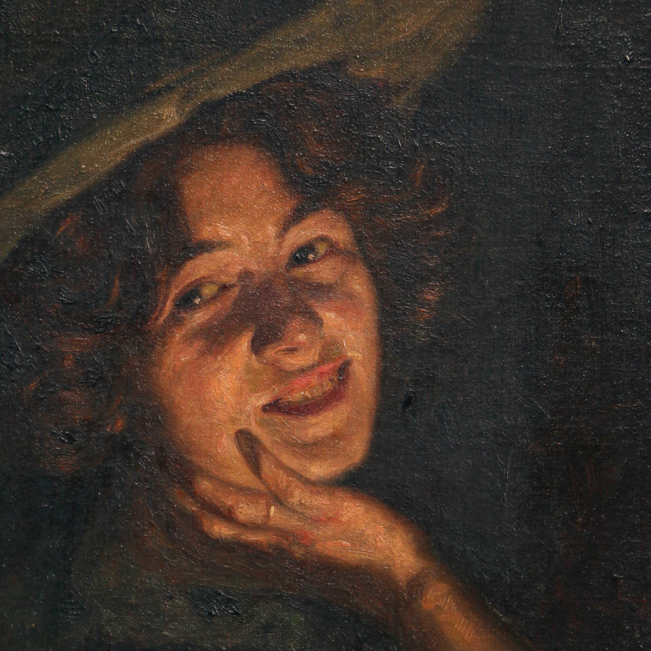 Portrait of smiling young woman with hat and shawl. Signed Cilius A. Original oil on canvas laid on board.