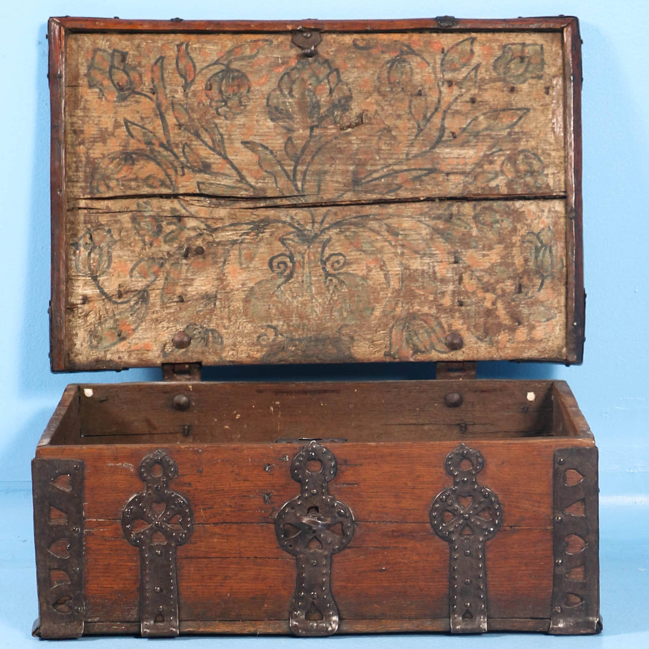 Swedish Small Antique Oak Money Chest Trunk with Wrought Iron Details, circa 1700