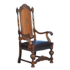 Danish Carved Arm Chair w/New Leather & Tapestry Upholstery