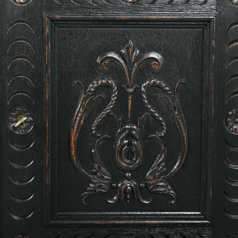Antique Danish Narrow Carved Bookcase/Cabinet, Black Finish In Excellent Condition In Round Top, TX