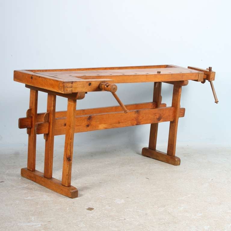 All original workbench recently restored and waxed. The smaller scale of this workbench is unusual. Closed (with the vice on the far right closed/shut) the length is 67.25