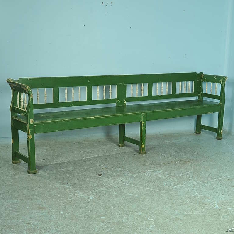 Antique Long Original Green Painted Romanian Bench