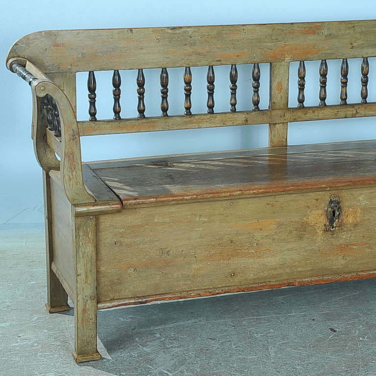 Antique Original Green Painted Bench With Storage Dated 1855 At