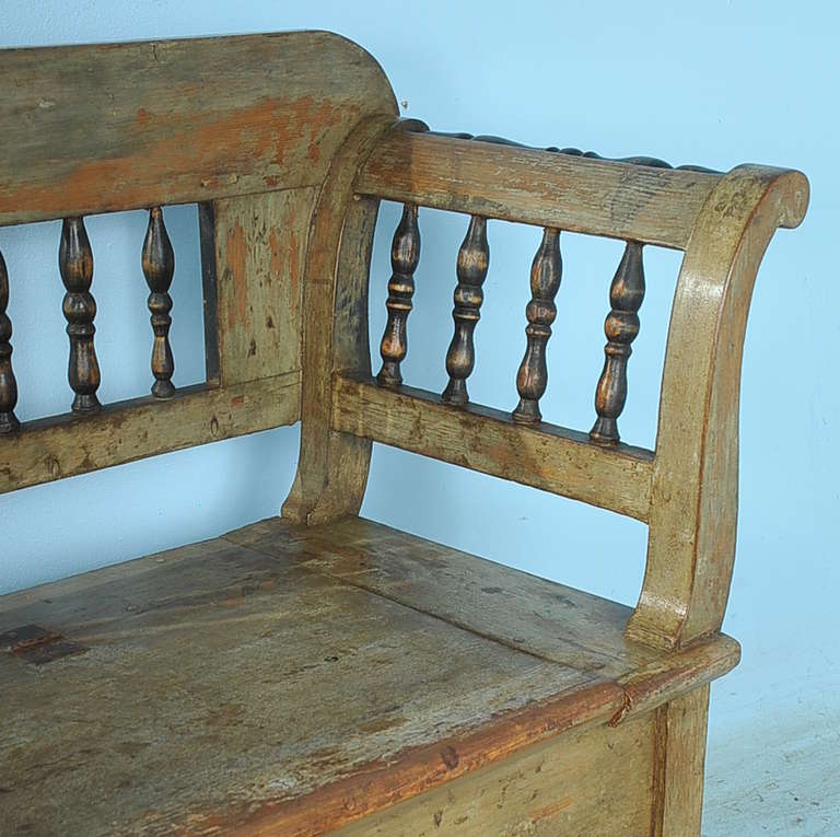 Antique Original Green Painted Bench with Storage, Dated 1855 In Excellent Condition In Round Top, TX