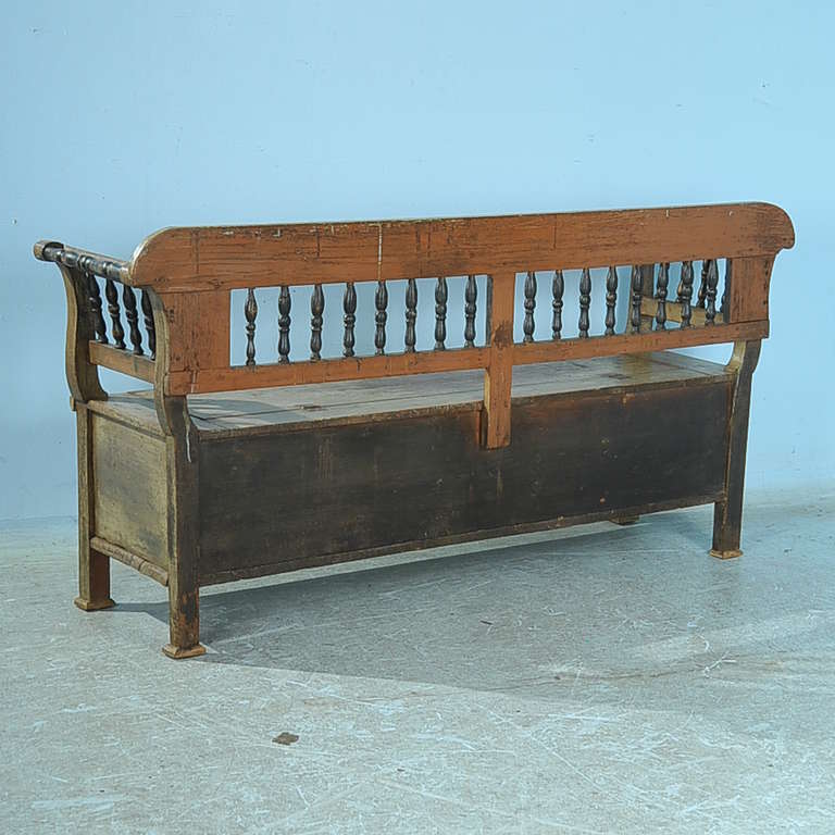 Antique Original Green Painted Bench with Storage, Dated 1855 1