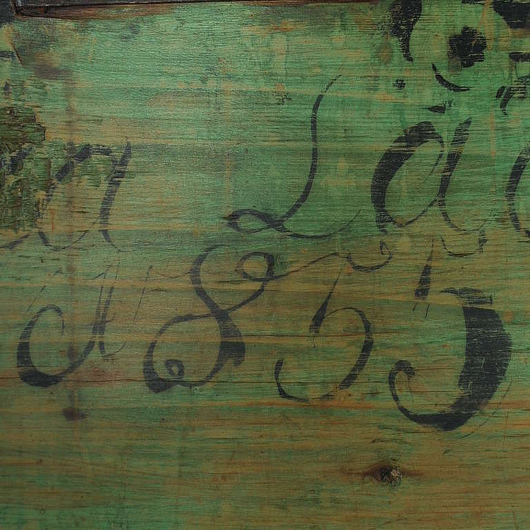 Romanian Antique Original Green Painted Bench with Storage, Dated 1855