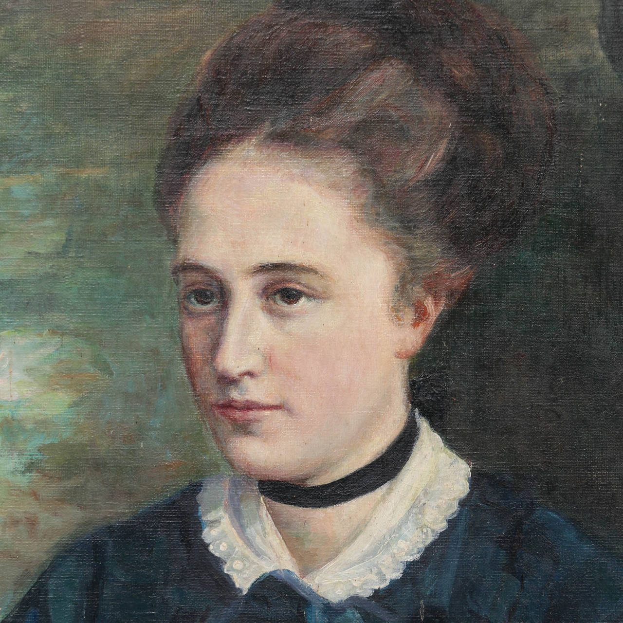 Original oil on canvas portrait of young woman with brunette hair pulled up and wearing a black fabric choker and black dress with white collar. Indistinctly signed.