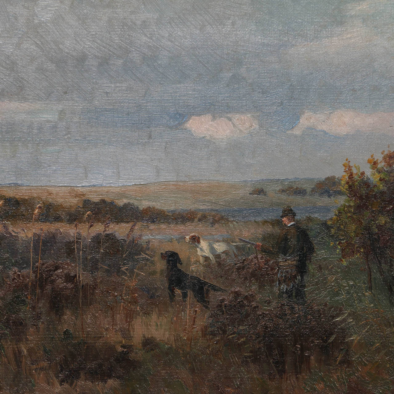 Original oil on canvas of hunting scene by Simon Simonsen (1841-1928). A hunter and hunting dogs by Svebølle bog, signed Simon Simonsen 1904. Excellent quality, please review close up photos to appreciate the fine details.