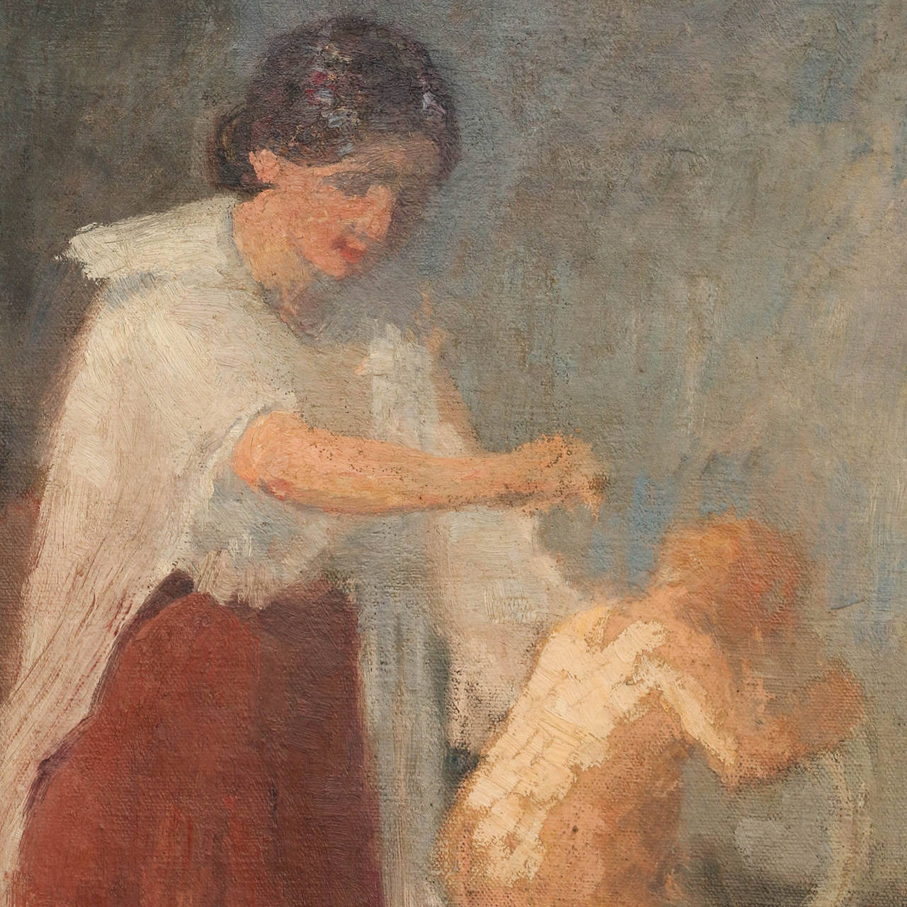 Original oil on canvas by Henrik Schouboe. Mother dressed in white and red, bathing child on a chair. They are presumably the artist's wife and daughter. Signed with monogram.