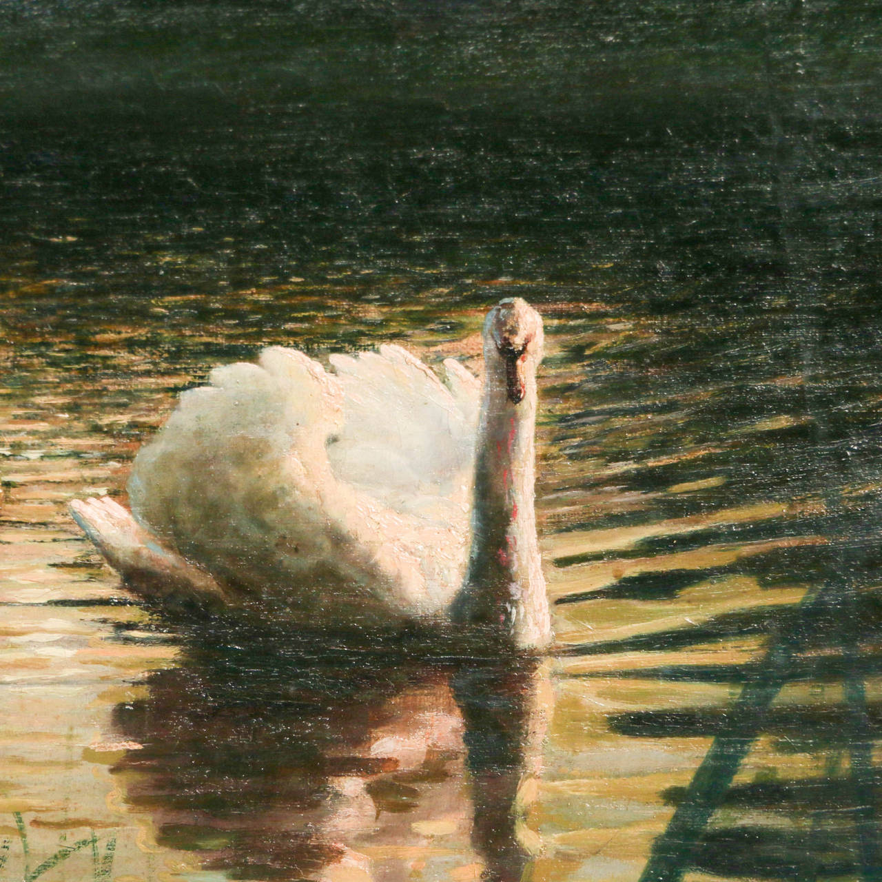 Original oil on canvas painting with serene setting of green forest and lake with white swans.  Signed P. Jørgensen and circa 1912.