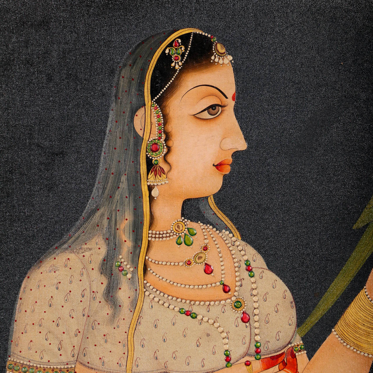 Unknown artist, large oil on canvas. Indian stylized portrait of woman wearing green dress with bird on her hand.