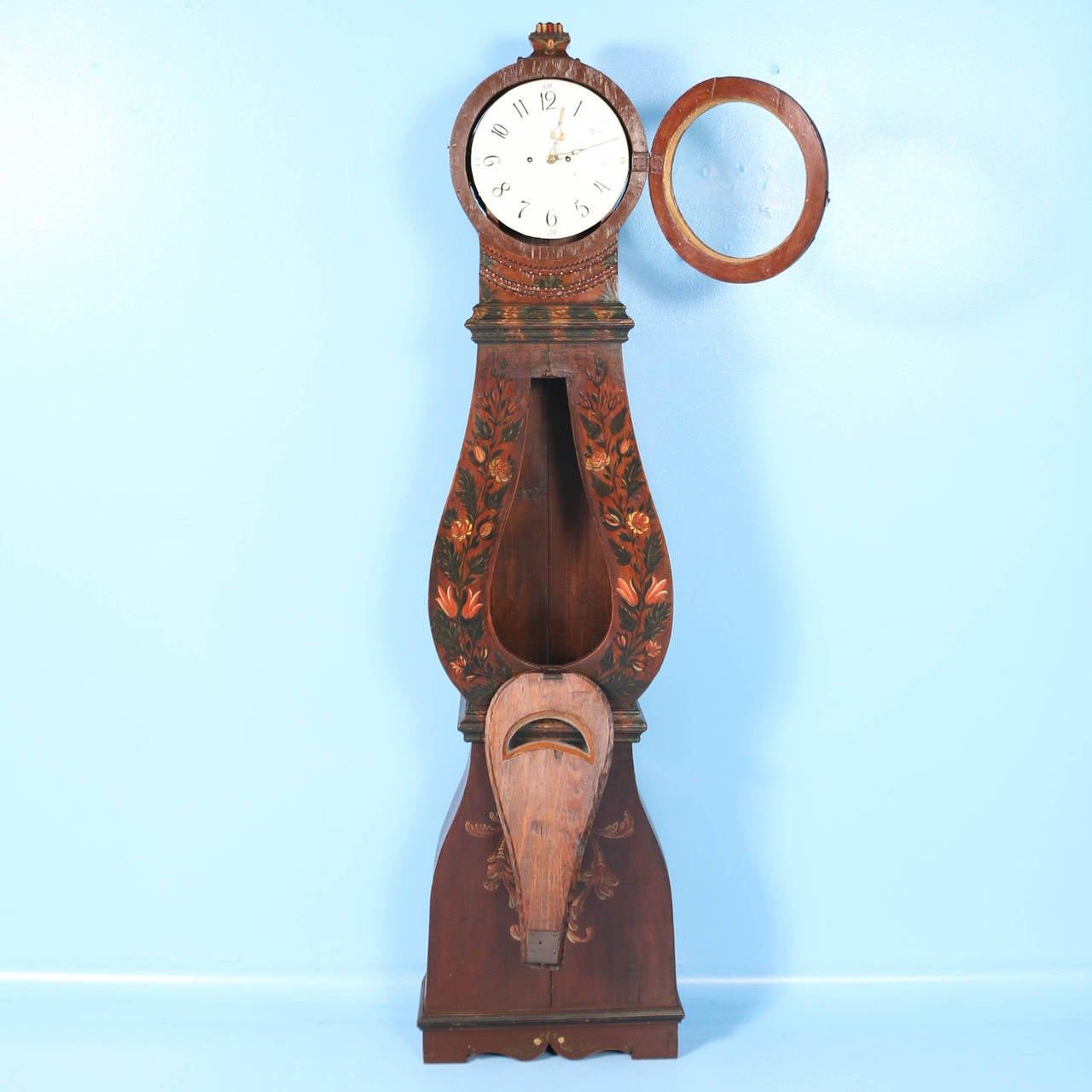 Antique Original Painted Brown Swedish Mora Grandfather Clock, Dated 1831 In Good Condition In Round Top, TX