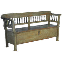 Antique Original Green Painted Bench with Storage, Dated 1855