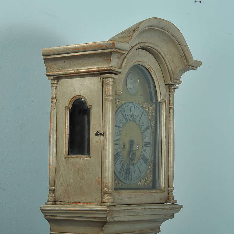 Antique Danish Grey Painted Grandfather Clock, circa 1820 In Good Condition In Round Top, TX