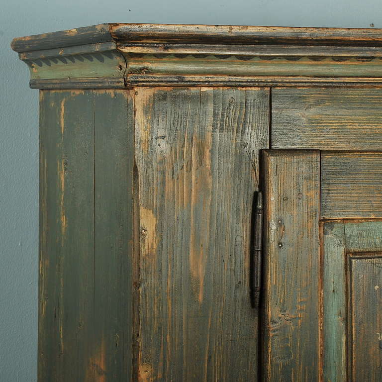 19th Century Antique Original Painted Green Two Door Armoire, Lithuania, circa 1860-90