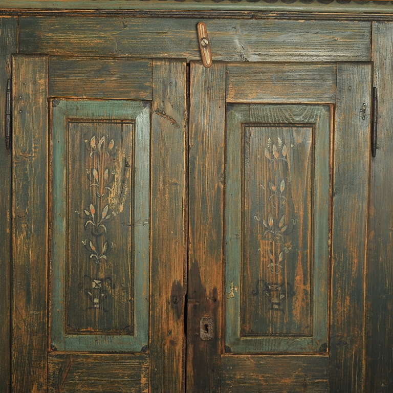 Pine Antique Original Painted Green Two Door Armoire, Lithuania, circa 1860-90