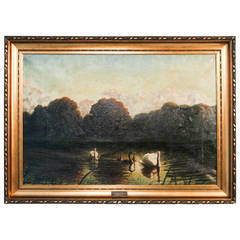 Oil on Canvas Painting, "Forest Lake With Swans" by P. Jorgensen circa 1912