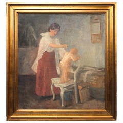 Original Oil on Canvas of Mother Bathing Child, Signed by Henrik Schouboe
