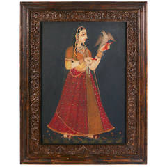 Very Large Original Oil on Canvas Portrait of Indian Woman in Red Dress