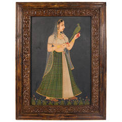 Very Large Original Oil on Canvas, Portrait of Indian Woman in Green Dress