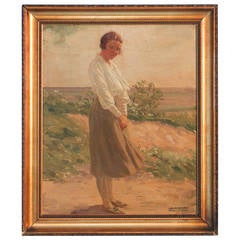 Original Oil on Canvas of Woman Outdoors, Signed Luplau Janssen, Vallø 1923