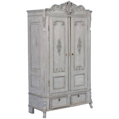 Antique Painted Swedish Armoire with Carved Detail, circa 1850-70