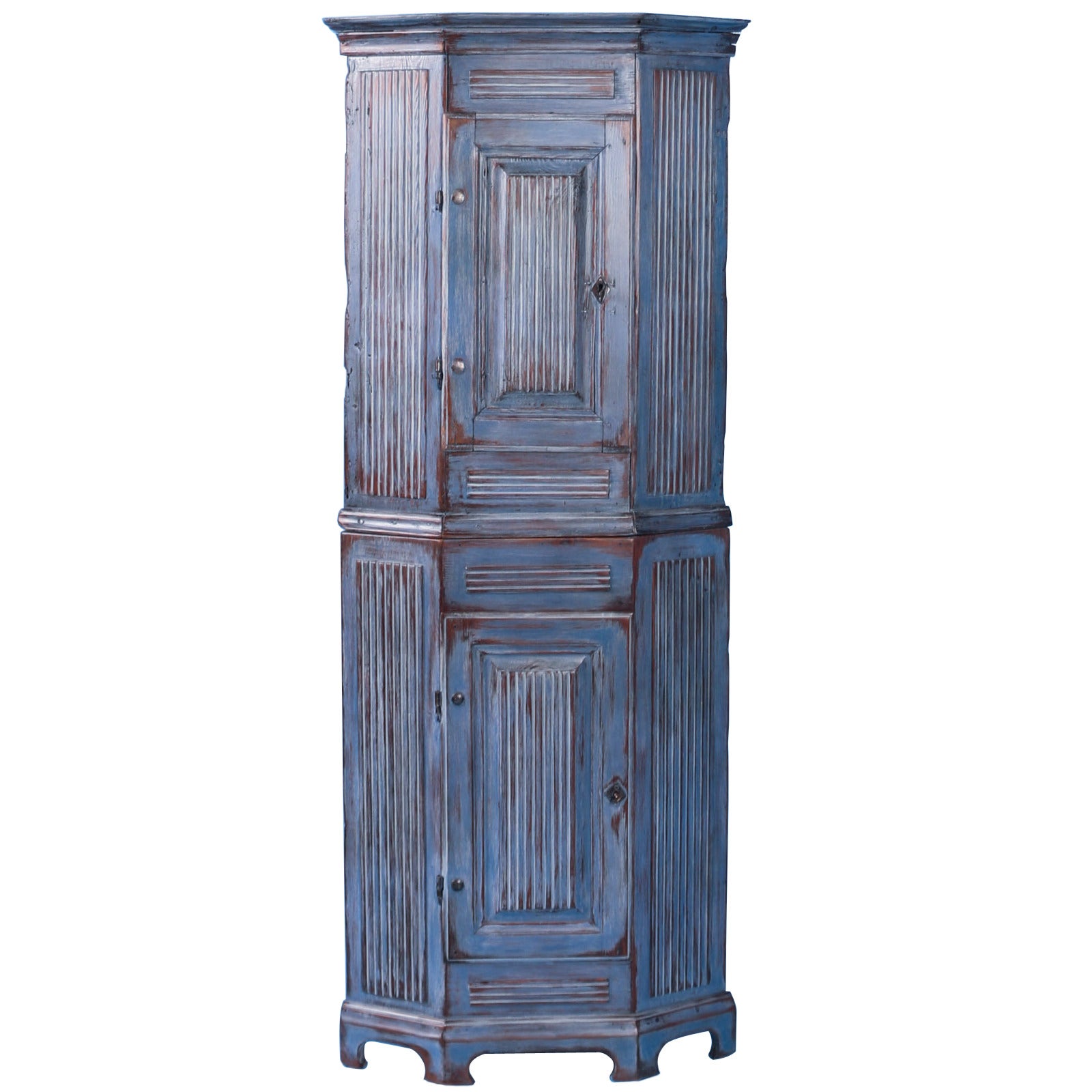 Antique Narrow Swedish Gustavian Blue Corner Cabinet, circa 1840