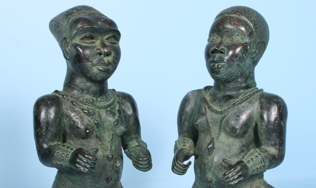 Pair of African King & Queen bronze sculptures. This stunning pair of bronze sculptures originate from the Bamoni tribe in Camaroon, Africa. They were ceremonial pieces used for special celebrations such as weddings or the birth of a child. The